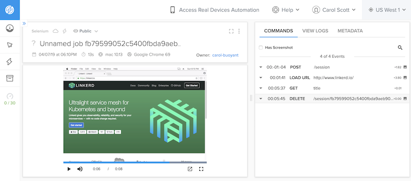 SauceLabs dashboard screenshot showing a report of an integration test